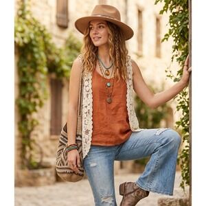 New Directions Crochet Vest Women PS Cream Floral Lace Open Front Boho Cotton